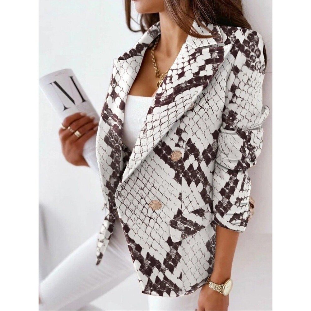 Chicme White & Gray Snakeskin Print Double Breasted Button Up Blazer Jacket, S